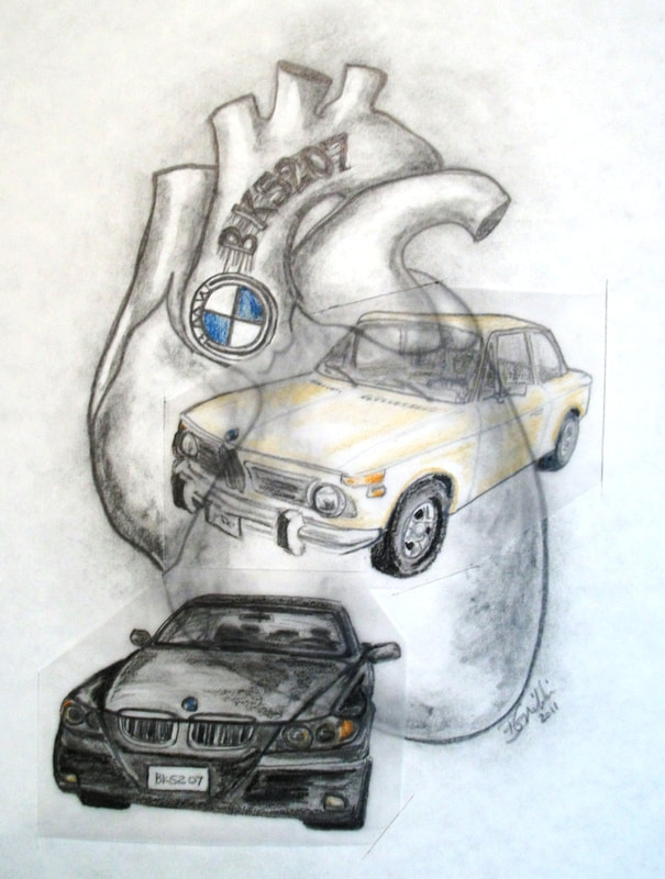 "Miracle Man", custom designed, 17"h x 12"w, drawing, BMW, tattooed heart.