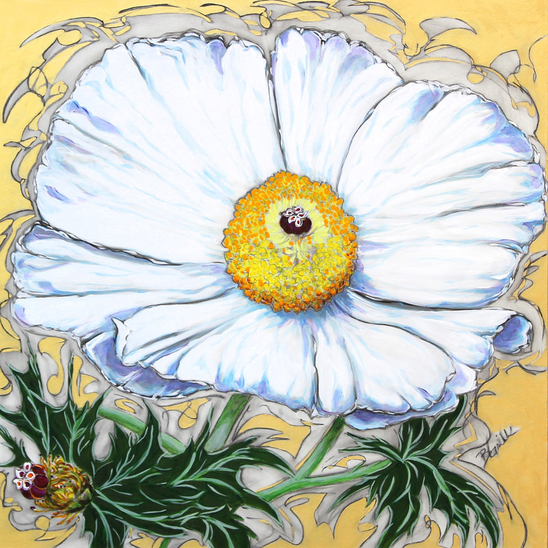 White Poppy, gold metallic paint, floral art, botanical art