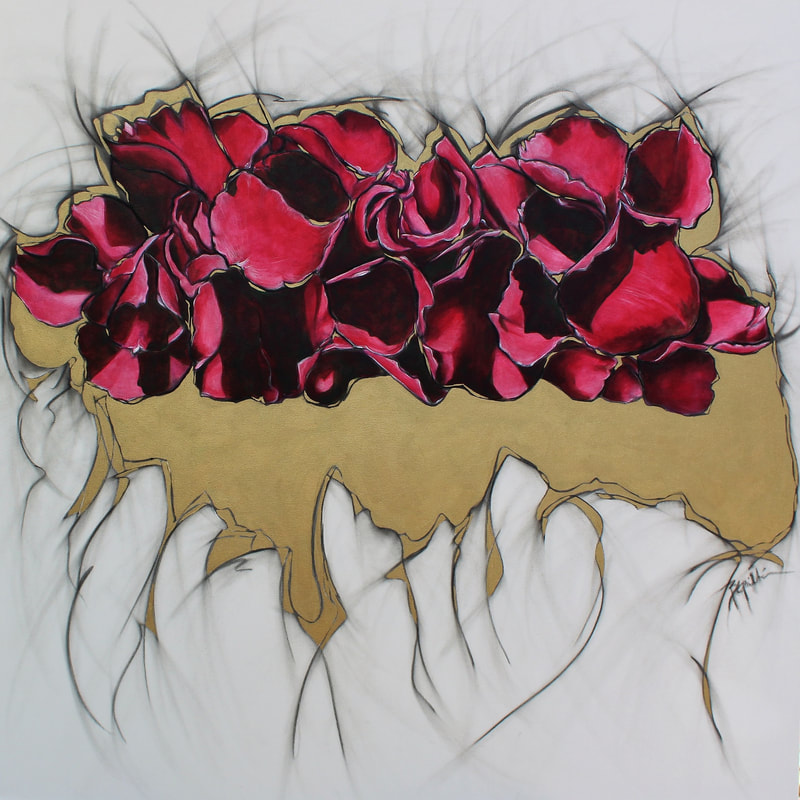 Red rose petals, charcoal, acrylic, copper, contemporary art