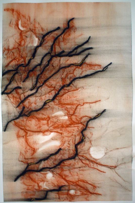 Orange and black coral drawing in pastel on paper.