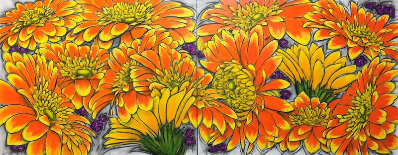 Yellow and orange gerbera daisies dance in charcoal and acrylic on a cradled panel diptych.