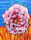 Pink Peony painting on a blue and yellow-orange background in charcoal and acrylic on cradled panel.