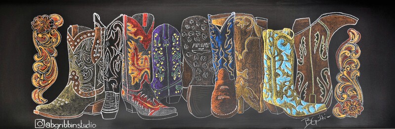 Multi-colored chalk drawing of cowboy boots. 