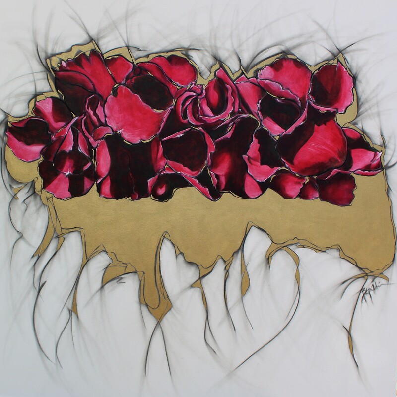 Petals of a single red rose rearranged as a new community cast a shiny gold shadow in charcoal and acrylic on canvas.  