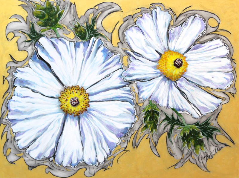 White Poppy, gold metallic paint, floral art, botanical art