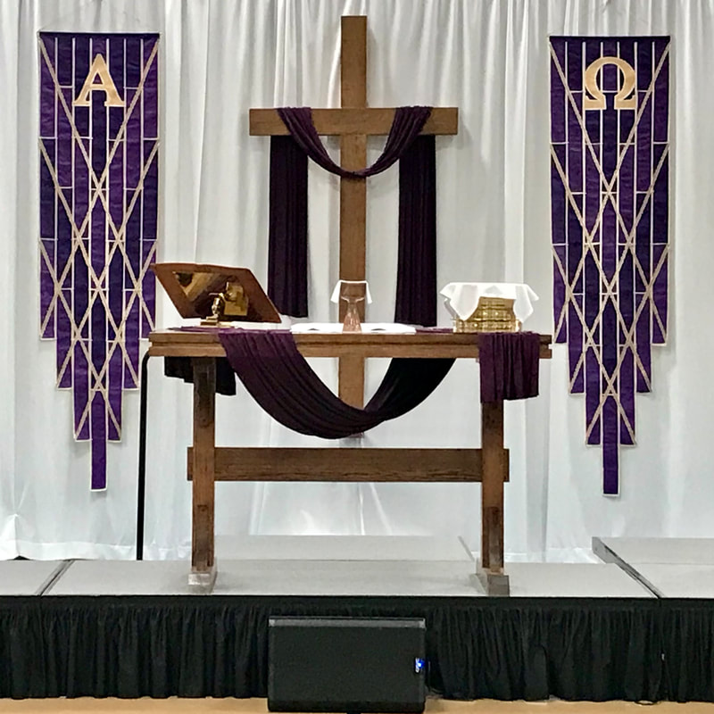 Purple and gold Advent and Lent banners. Alpha and Omega. 