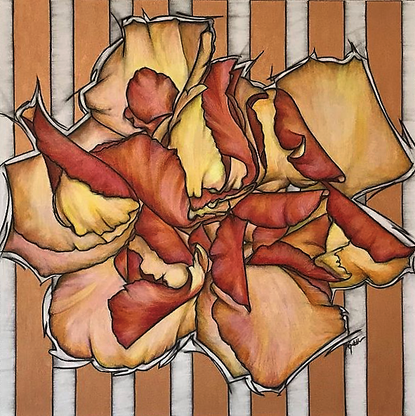 Fall colored rose petals on a gold striped background in charcoal and acrylic on canvas. 