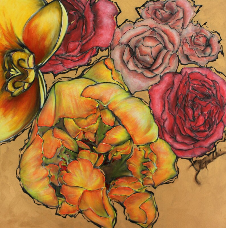 Bright pink and orange peonies and a yellow orchid in charcoal and acrylic, with a gold metallic background on cradled panel. 16"h x 16"w 