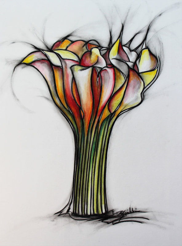 Red, orange and yellow calla lily drawing in charcoal and watercolor on paper. 