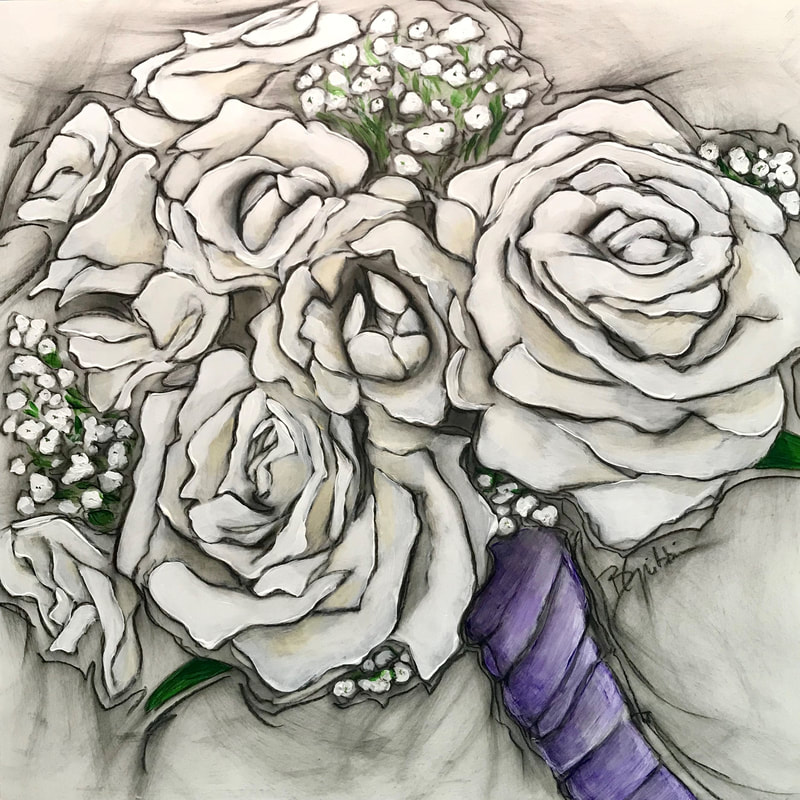 Custom designed bridal bouquet painting. White roses and baby's breath, purple ribbon. 