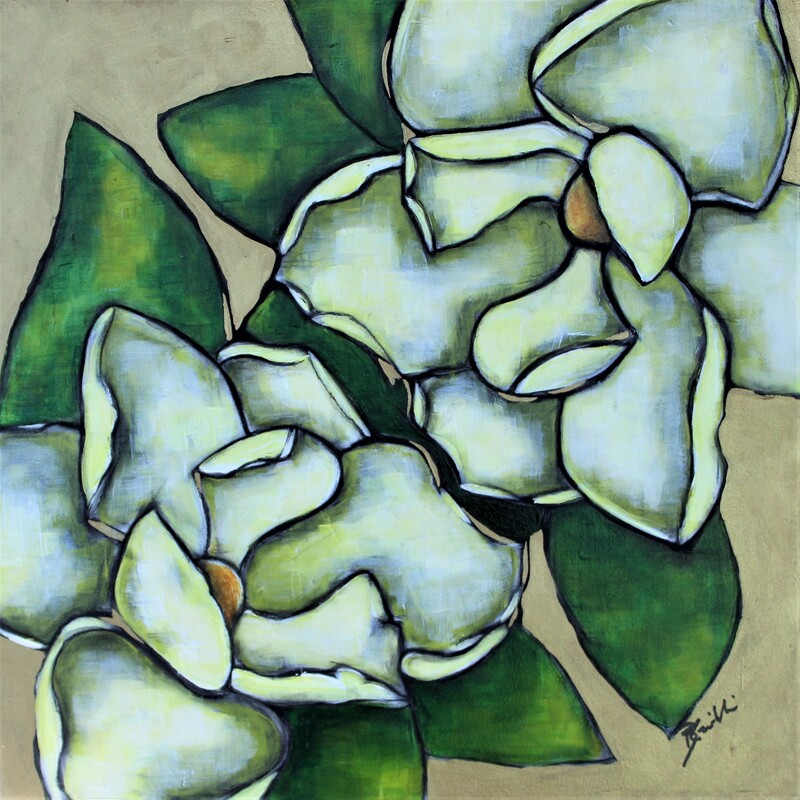 Magnolia blossoms in reflective position on a bronze background. 