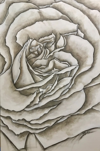 Single rose in gray tones fills the canvas in charcoal and acrylic. 