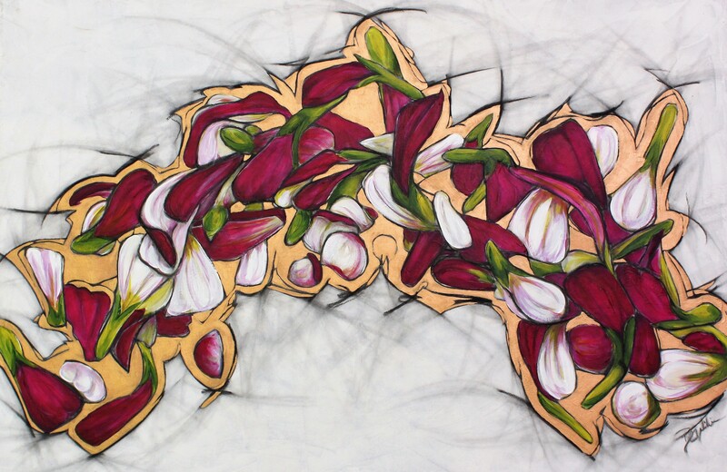 Crimson and white zinnia petals form a crown in charcoal and acrylic on canvas.